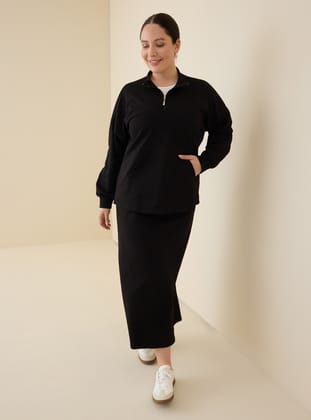 Fermuarlı Kanguru Cep Detaylı Sweatshirt & Etek Büyük Beden Takım - Siyah - Alia