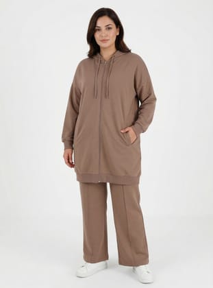Fermuarlı Kapüşonlu Spor Büyük Beden Sweatshirt - Vizon - Alia