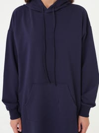 Kanguru Cepli Kapüşonlu Uzun Sweatshirt Lacivert