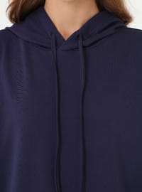 Kanguru Cepli Kapüşonlu Uzun Sweatshirt Lacivert