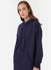 Kanguru Cepli Kapüşonlu Uzun Sweatshirt Lacivert