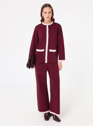 Kontras Renk Detaylı Premium Tunik& Pantolon İkili Takım - Murdum - Refka