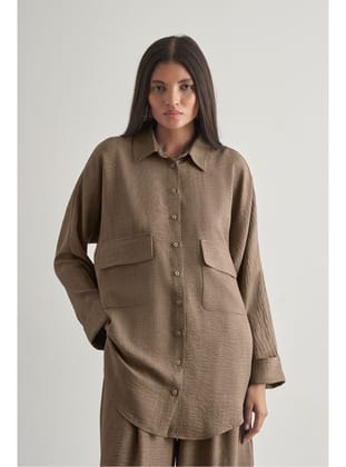 Keten Dokulu Torba Cepli Kahverengi Tunik