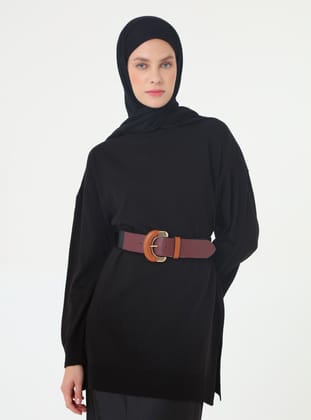 Yuvarlak Yaka Düşük Omuzlu Triko Tunik - Siyah - Refka