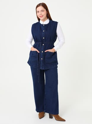 Denim Cep Detaylı Yelek & Pantolon Büyük Beden Takım - Koyu Lacivert - Alia