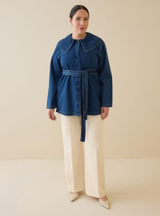 Denim Bebe Yaka Detaylı Büyük Beden Tunik - Acik Lacivert - Alia