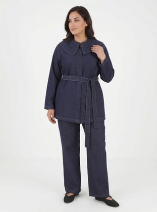 Denim Bebe Yaka Detaylı Büyük Beden Tunik - Koyu Lacivert - Alia