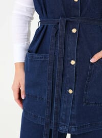 Denim Cep Detaylı Yelek Pantolon Büyük Beden Takım Koyu Lacivert Alia