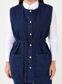 Denim Cep Detaylı Yelek Pantolon Büyük Beden Takım Koyu Lacivert Alia