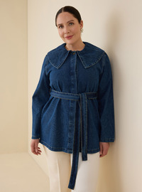 Büyük Beden Bebe Yaka Kuşaklı Denim Tunik Açık Lacivert