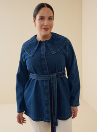 Büyük Beden Bebe Yaka Kuşaklı Denim Tunik Açık Lacivert