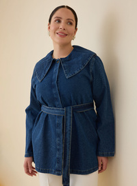 Büyük Beden Bebe Yaka Kuşaklı Denim Tunik Açık Lacivert