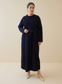 Kuşak Detaylı Denim Elbise - Koyu Lacivert