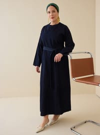 Kuşak Detaylı Denim Elbise - Koyu Lacivert