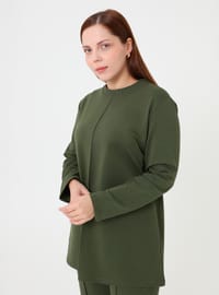 Nervür Dikişli Tunik & Pantolon Takım - Koyu Haki