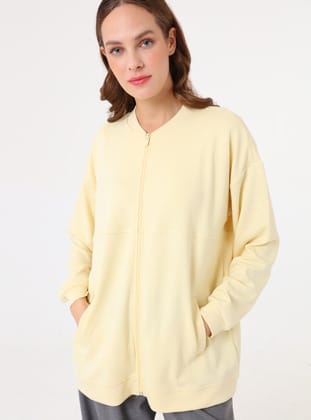 Basic Tasarım Dökümlü Sweatshirt - Açık Sarı - Benin