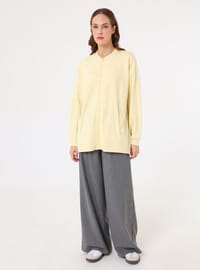 Dökümlü Fermuarlı Cepli Sweatshirt Açık Sarı