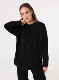 Dökümlü Fermuarlı Sweatshirt Siyah