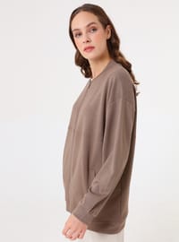 Dökümlü Fermuarlı Sweatshirt - Vizon
