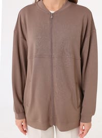 Dökümlü Fermuarlı Sweatshirt - Vizon