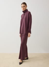 Yumuşak Kumaşlı Çıtçıt Detaylı Tunik&Pantolon Takım - Mürdüm - Refka