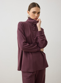 Yumuşak Kumaşlı Çıtçıt Detaylı Tunik&Pantolon Takım - Mürdüm - Refka