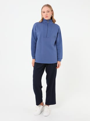 Fermuarlı Yarım Balıkçı Sweatshirt - İndigo - Benin