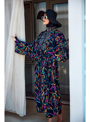 Remsa Tesettür Mayo Üzerine Tek Kaftan Kimono Pareo Siyah04 RP035 Yağmur