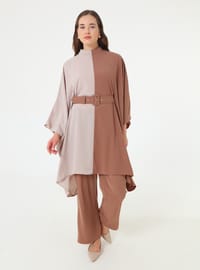 Kontras Renkli Kemer Detaylı Tunik & Pantolon Takım - Vizon-Bej - Refka