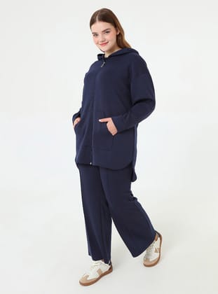 Fermuarlı Kapuşonlu Spor Sweatshirt&Pantolon Büyük Beden Takım - Lacivert - Alia