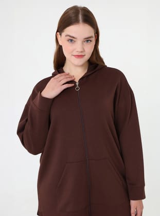 Fermuarlı Kapuşonlu Spor Sweatshirt&Pantolon Büyük Beden Takım - Kahverengi - Alia