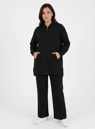 Fermuarlı Kapuşonlu Spor Sweatshirt&Pantolon Büyük Beden Takım - Siyah - Alia
