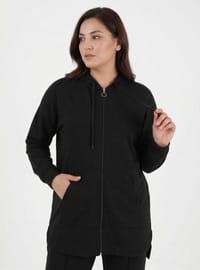 Fermuarlı Kapüşonlu Spor Sweatshirt Pantolon Büyük Beden Takım Siyah