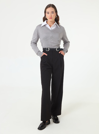 V Yaka Triko Kazak - Klasik Stil Gri