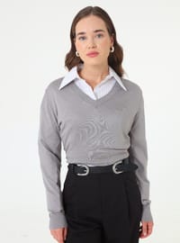V Yaka Triko Kazak - Klasik Stil Gri
