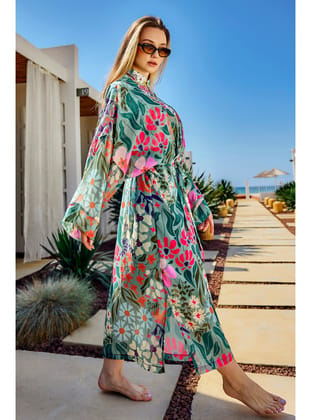 Remsa Tesettür Mayo Üzerine Tek Kaftan Kimono Pareo Yeşil RP026 Patara