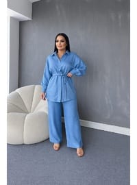 Taş İşlemeli Gömlek Tunik Pantolon Takım Mavi