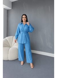Taş İşlemeli Gömlek Tunik Pantolon Takım Mavi
