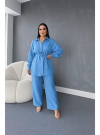 Taş İşlemeli Gömlek Tunik Pantolon Takım Mavi