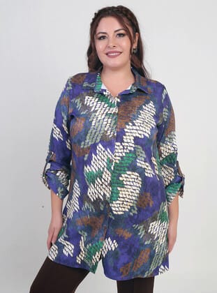 Kadın Batik Desenli Büyük Beden Krep Saten Uzun Gömlek - Lacivert - By Saygı