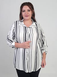 Çizgili Büyük Beden Gömlek - Ekru