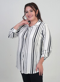 Çizgili Büyük Beden Gömlek - Ekru