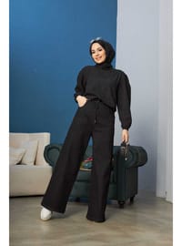 Bol Paça Bağcıklı Denim Pantolon Siyah