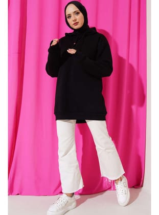 Üç İplik Yarım Çıtçıtlı Sweatshirt Siyah