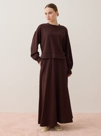 Yumuşak Dokulu Sweatshirt & Etek Takım Kahverengi