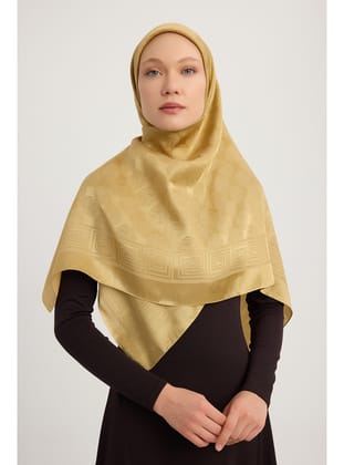 Jakarlı Parlak Saten Eşarp 110x110cm - Gold