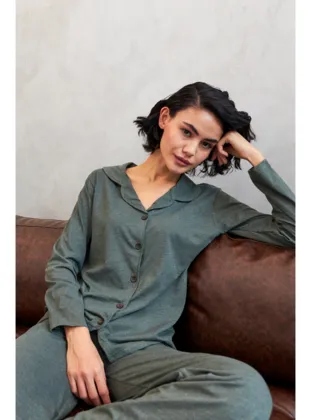 Akbeniz Kadın Haki Düğmeli Pamuklu Pijama Takımı