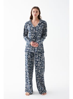 Akbeniz Kadın Lacivert “Paris” Yazı Desenli Düğmeli Pamuklu Pijama Takımı