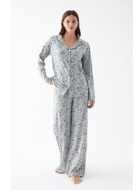 Desenli Pamuklu Pijama Takımı Gri
