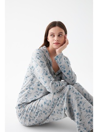 Desenli Pamuklu Pijama Takımı Gri
